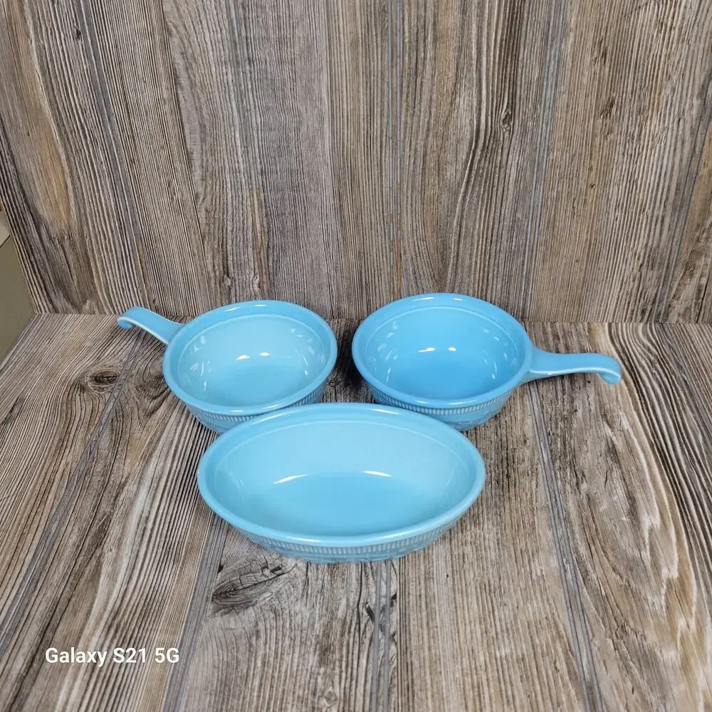 Vintage TST Turquoise Blue Oven Serve Oval Bowl & 2 Handled French Casseroles